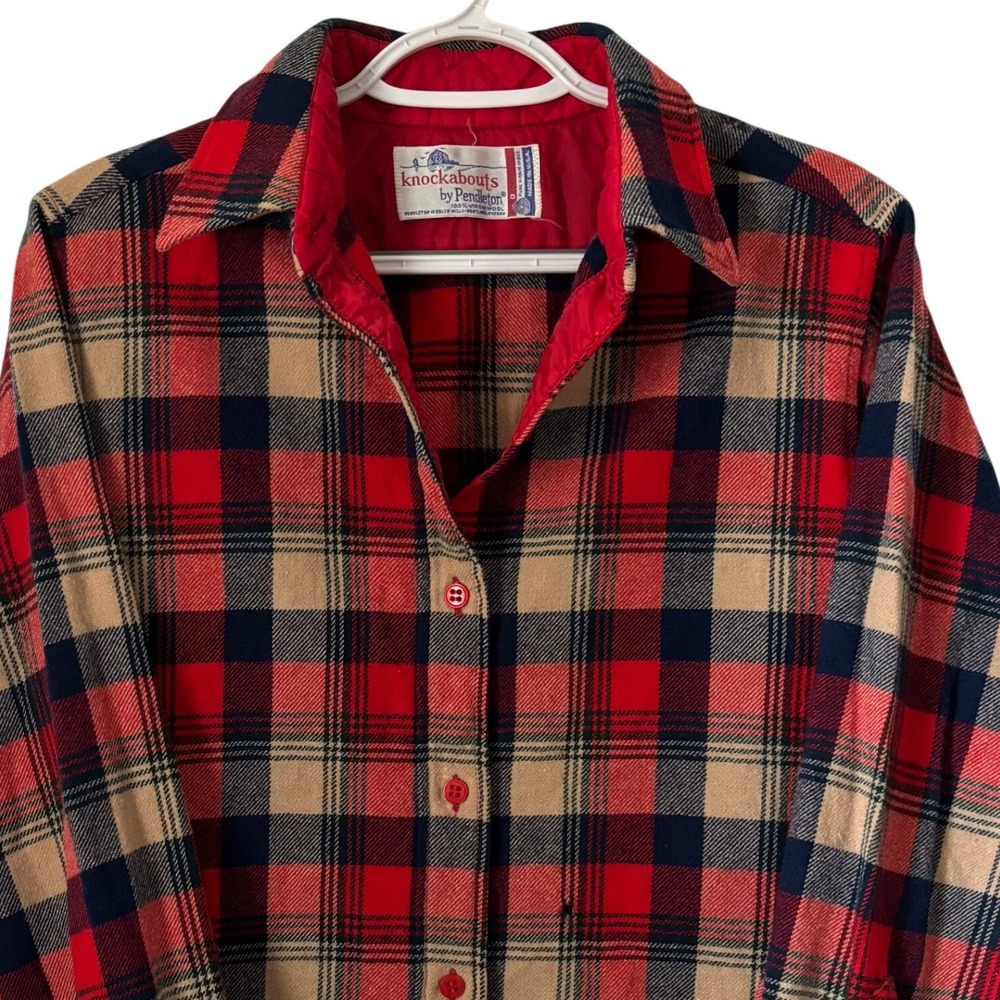 Vintage Pendleton Knockabouts Wool Plaid Flannel Shirt Red Tan Navy Made in USA